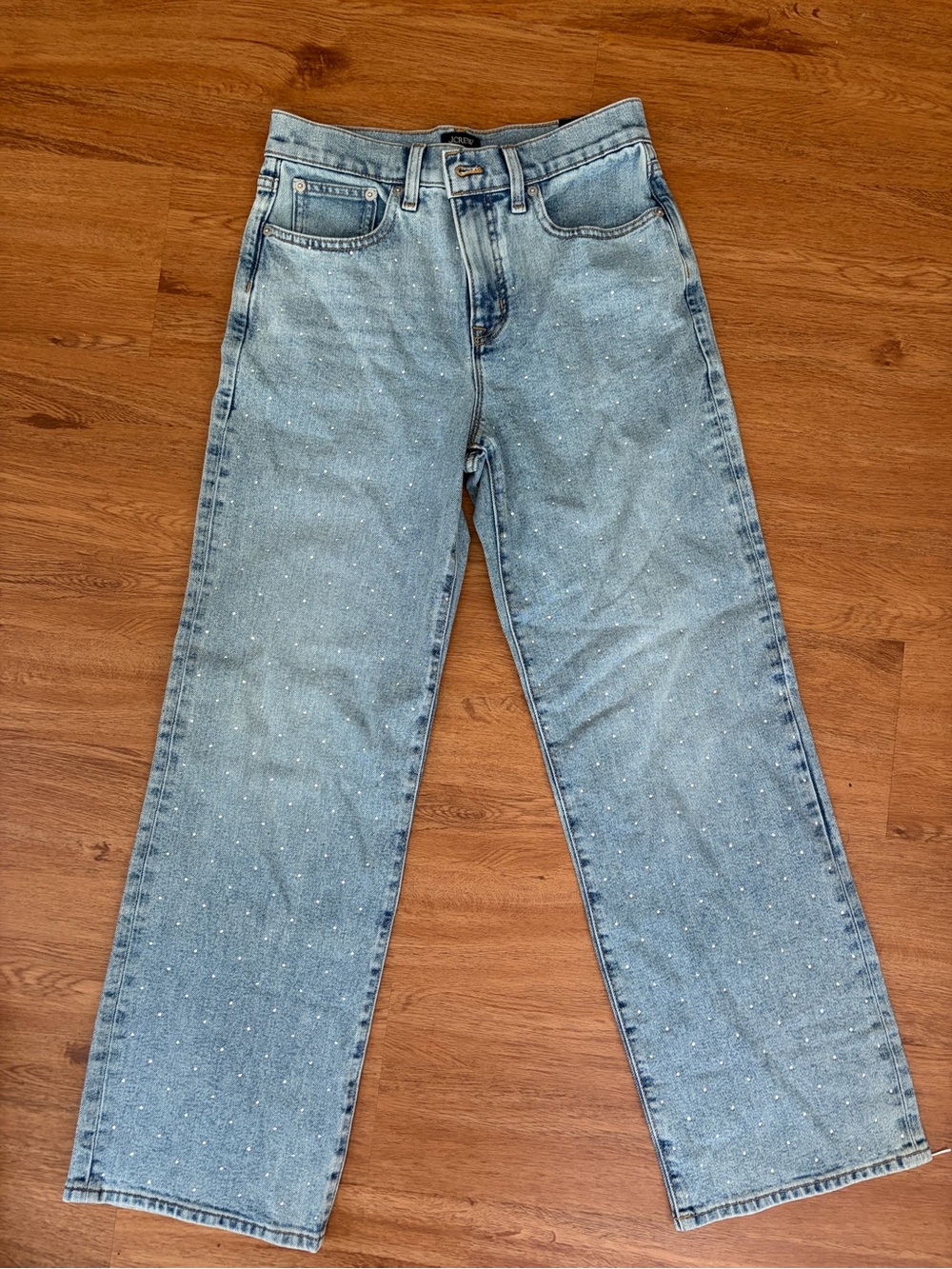 J. Crew Light Blue Straight-Leg Jeans with Rhinestone Detail